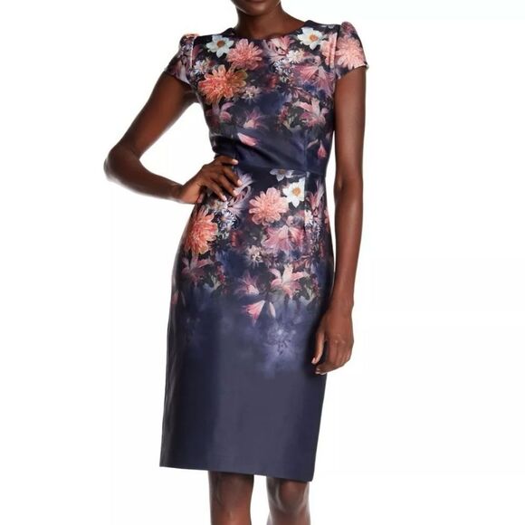 Betsey Johnson Floral Cap Sleeve Jewel Neck Knee Length Dress Navy Size 2 - Picture 2 of 11